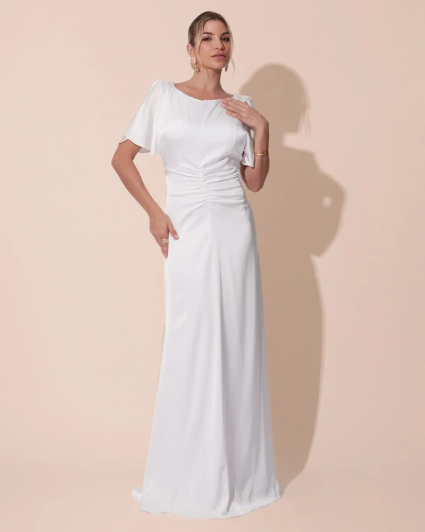 Vestido de Festa Longo Cetim Detalhe Drapeado Branco