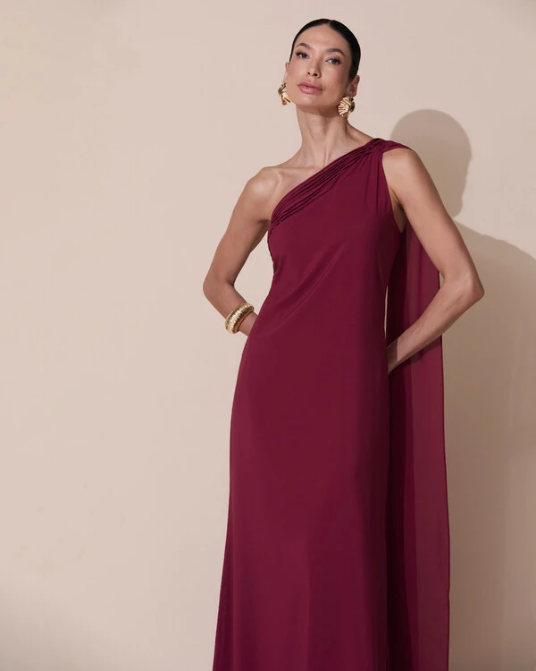 Vestido de Festa Longo Crepe Chiffon Um Ombro Só Drapeado Marsala New