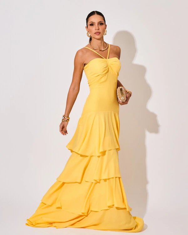 Vestido Longo Crepe com Babado em Camadas Amarelo