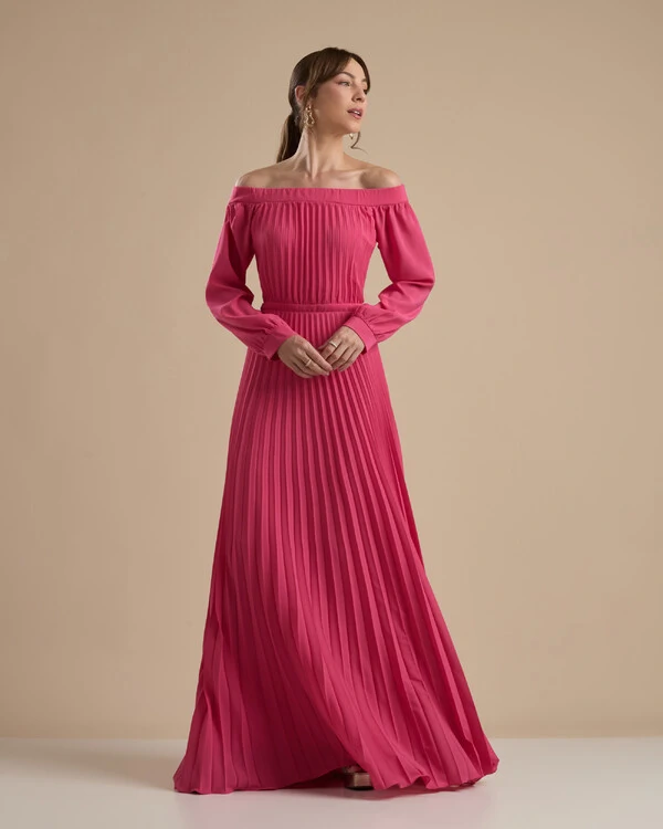 Vestido de Festa Longo Crepe Chiffon Plissado Ombro a Ombro Pink New