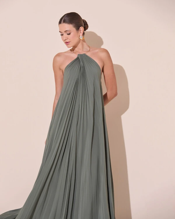 Vestido de Festa Longo Frente Única Plissado Crepe Chiffon Argola Verde Oliva