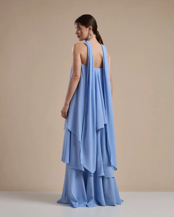 Vestido de Festa Longo Chiffon Crepe em Camadas com Lenço Serenity