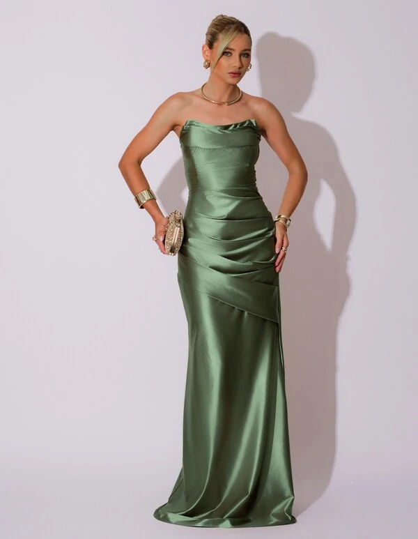 Vestido de Festa longo Cetim Malha Metálico Tomara que Caia Detalhe Drapeado Verde Escuro