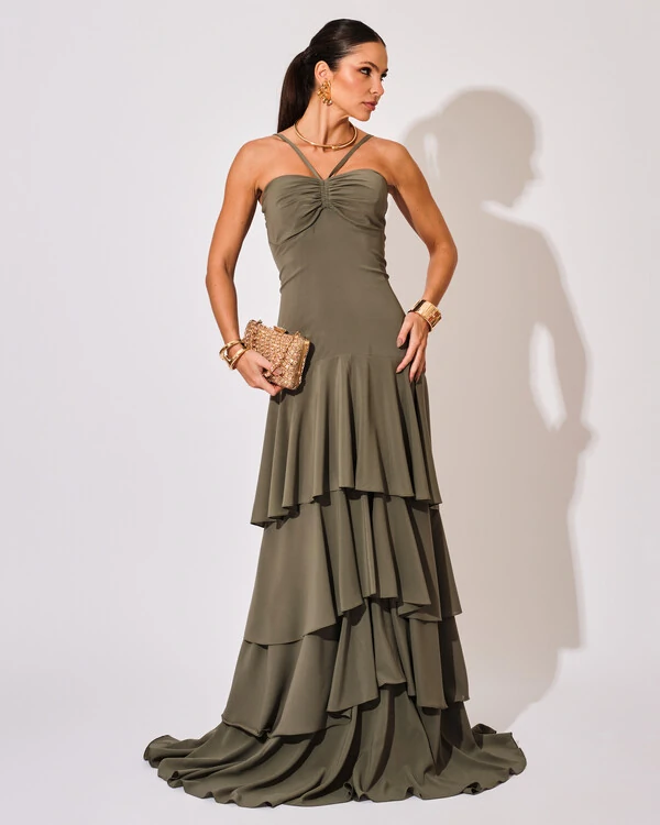 Vestido Longo Crepe com Babado em Camadas Verde Oliva