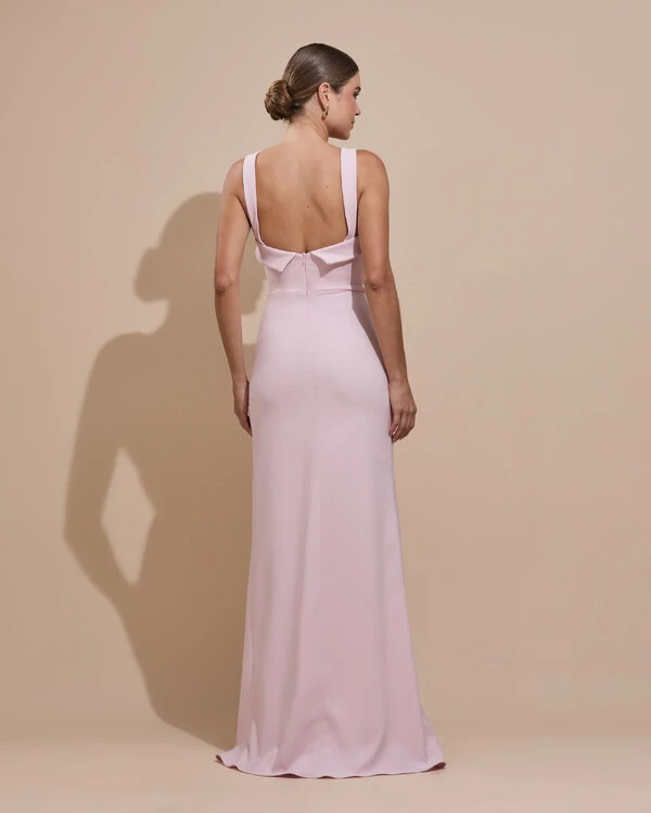 Vestido de Festa Longo Alfaiataria Decote Coração com Alças e Fenda Rosa Claro