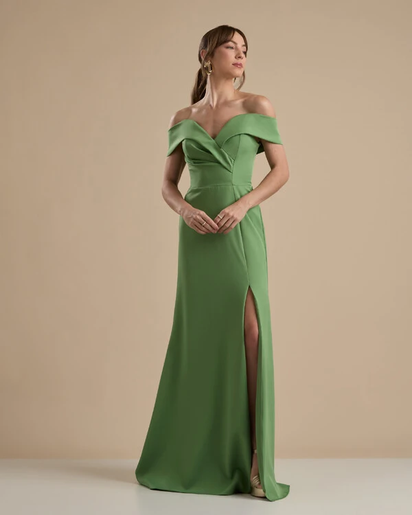 Vestido de Festa Longo Alfaiataria Ombro a Ombro com Fenda Verde Matcha