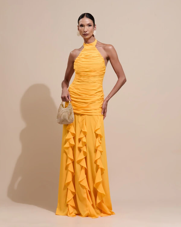 Vestido de Festa Longo Frente Única Crepe Chiffon Drapeado Babados Cascata Laranja Manga New