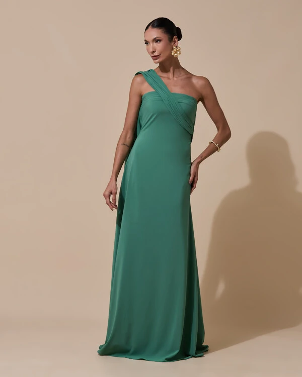 Vestido de festa Longo Tomara que Caia Crepe Chiffon Drapeado Lenço Verde Matcha Escuro