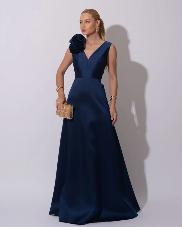 Vestido de Festa longo Zibeline Decote em V com Flores Removivel Azul Marinho