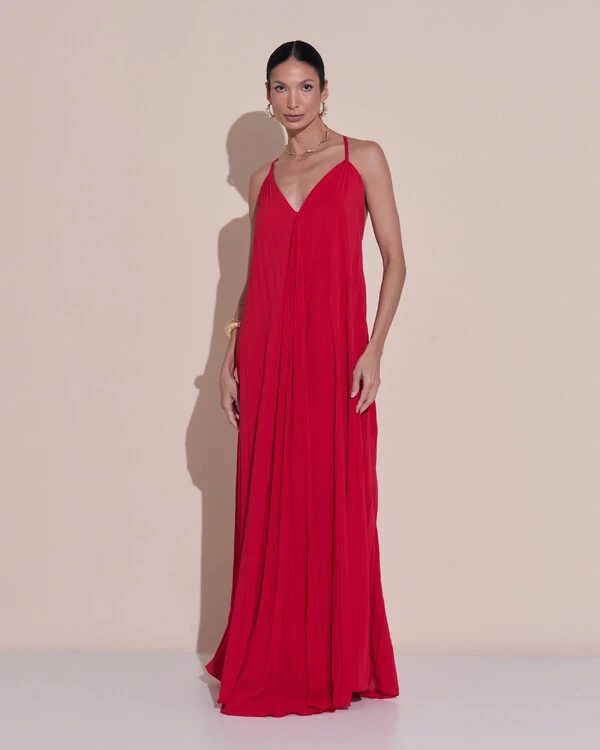 Vestido de Festa Longo Plissado Crepe Chiffon Decote V Alças Finas Vermelho