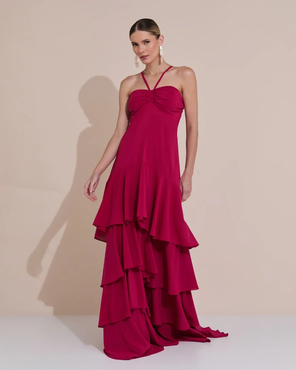Vestido Longo Crepe com Babado em Camadas Cereja