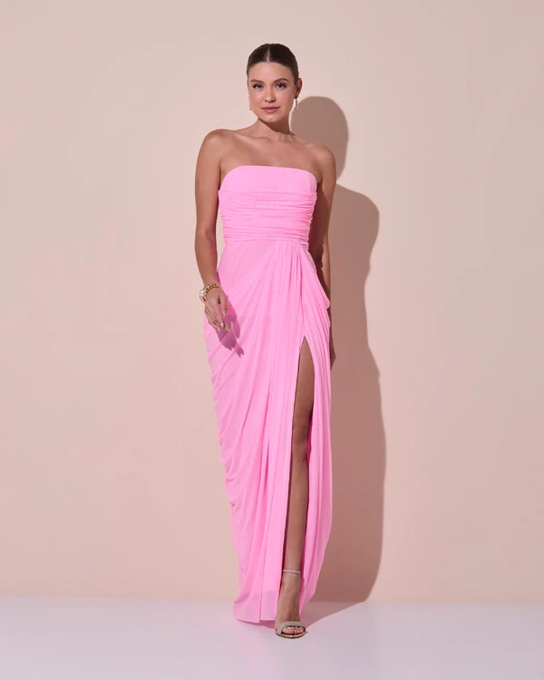Vestido De Festa Longo Tomara que Caia Tule Drapeado Fenda Rosa Claro