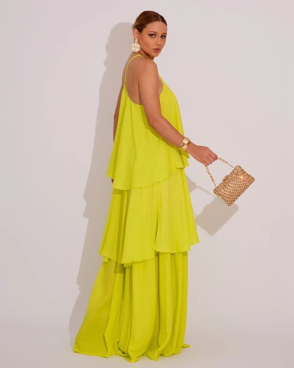 Vestido Longo Babado em Camadas Verde Lima New