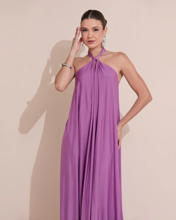 Vestido Longo com Amarração em Malha Lilás