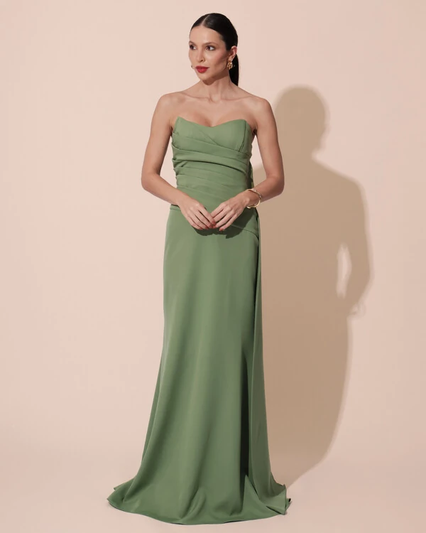 Vestido de Festa Longo Alfaiataria Tomara que Caia Drapeado Faixa Verde Matcha