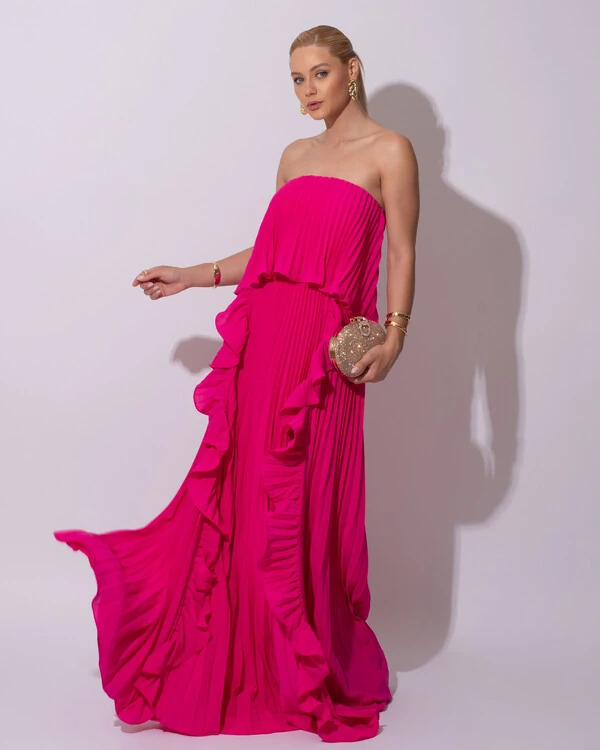 Vestido de Festa Longo Crepe Chiffon Tomara que Caia Plissado com Babado Cascata Pink