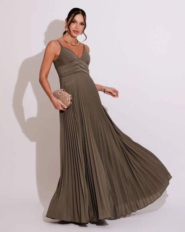 Vestido de Festa Longo Plissado Crepe Chiffon com Alça Verde Oliva