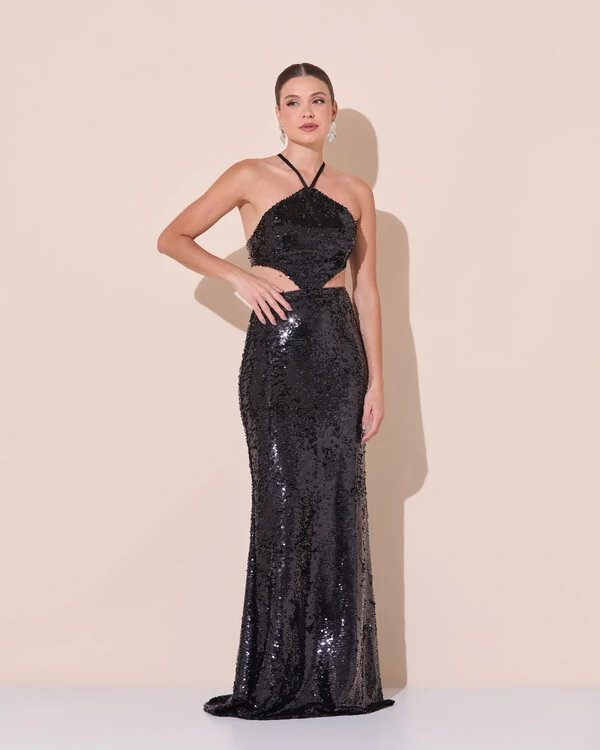 Vestido de Festa Longo Frente Única Paetê Recortes Costas Trançada Preto