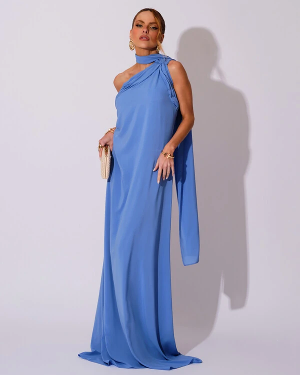 Vestido de Festa Longo Crepe Chiffon Um Ombro Só Drapeado Azul Atlantis