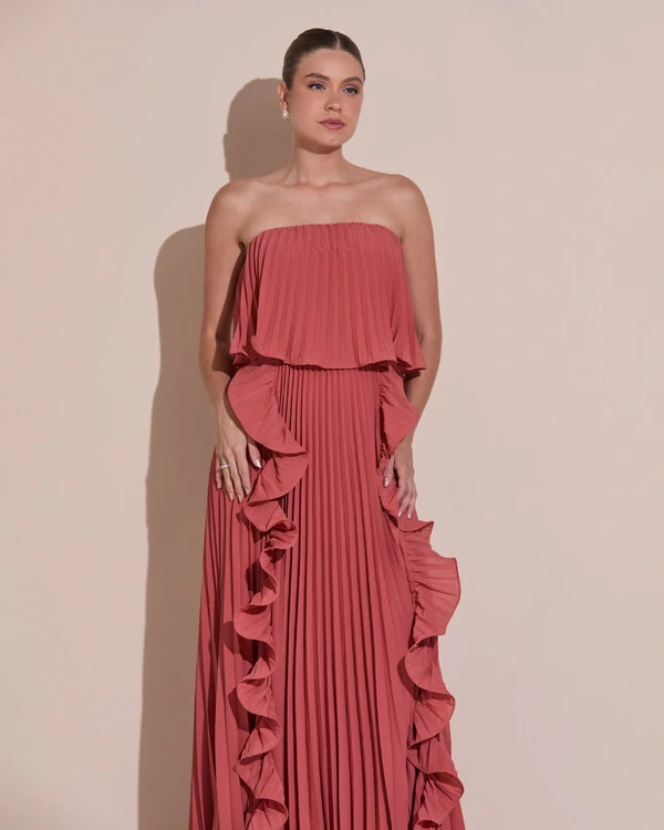 Vestido de Festa Longo Crepe Chiffon Tomara que Caia Plissado com Babado Cascata Terracota