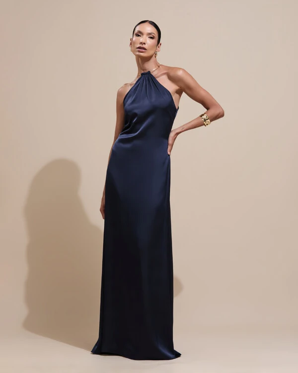 Vestido de Festa Longo Cetim Fluido com Argola Frente Única Azul Marinho