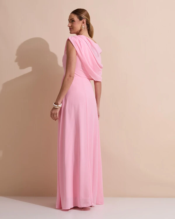 Vestido de Festa Longo Um Ombro Só Crepe Chiffon Capa Drapeado Rosa Claro