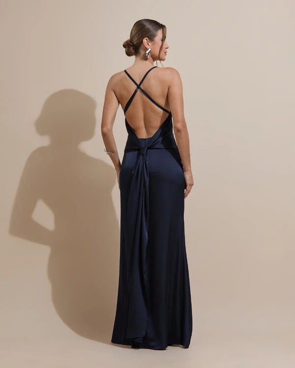 Vestido de Festa Longo Costas Abertas Laço Cetim Decote V Azul Marinho