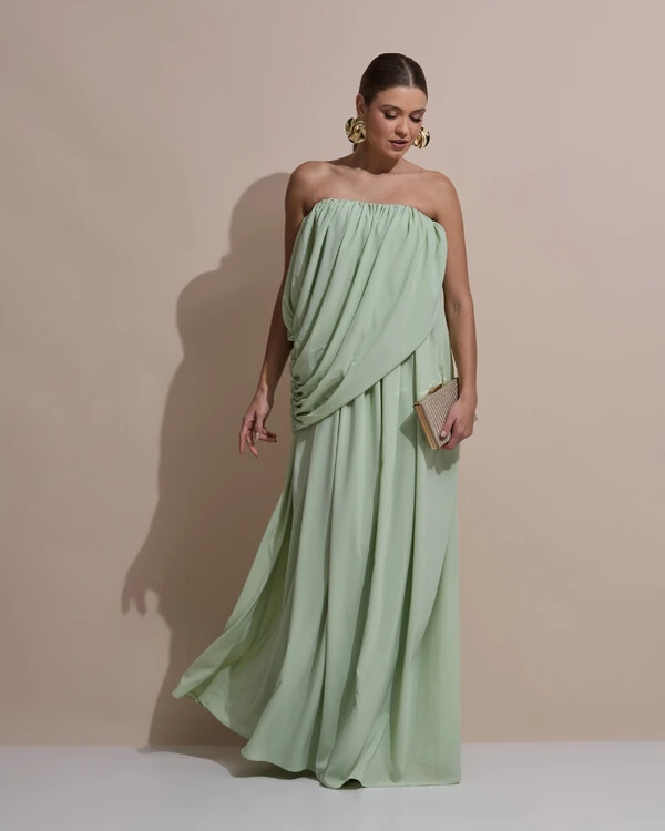 Vestido de Festa Longo Tomara Que Caia Crepe Chiffon Drapeado Verde Menta New