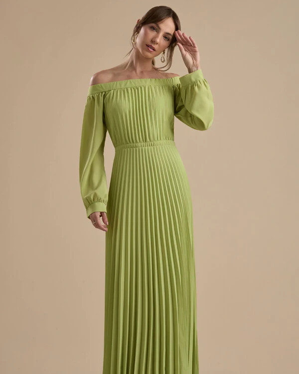 Vestido de Festa Longo Crepe Chiffon Plissado Ombro a Ombro Verde Pistache