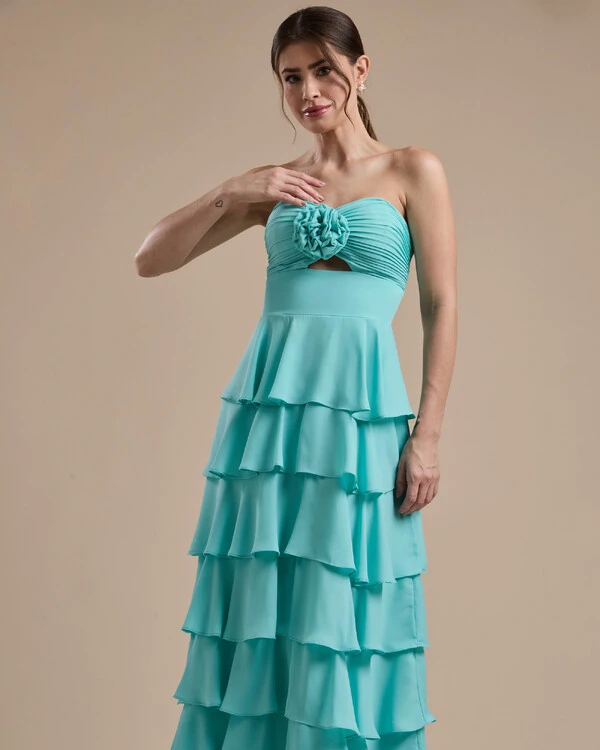 Vestido Longo Crepe Chiffon Tomara que Caia Plissado em Camadas Tiffany