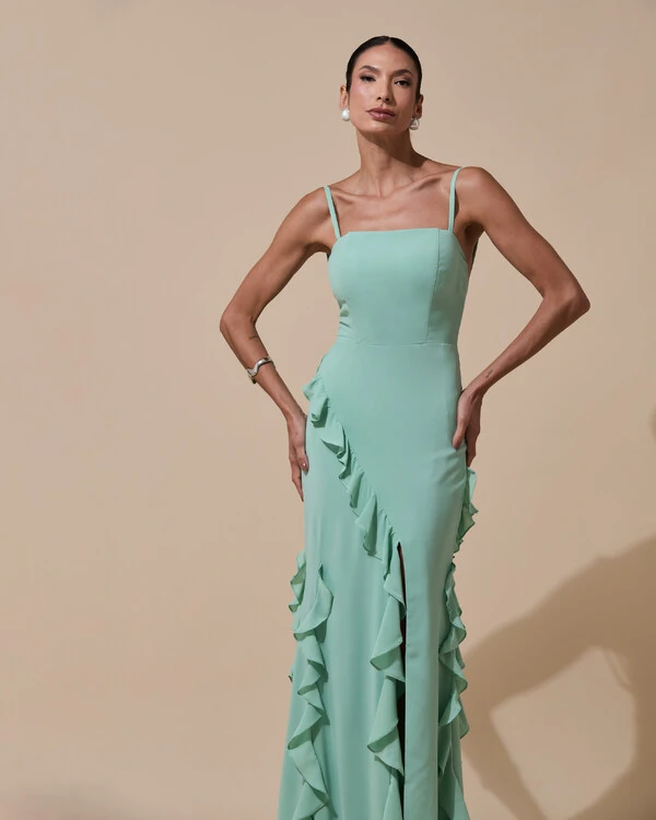 Vestido de Festa Longo Alças Finas Crepe Chiffon Babado Cascata Fenda Costas V Verde Menta