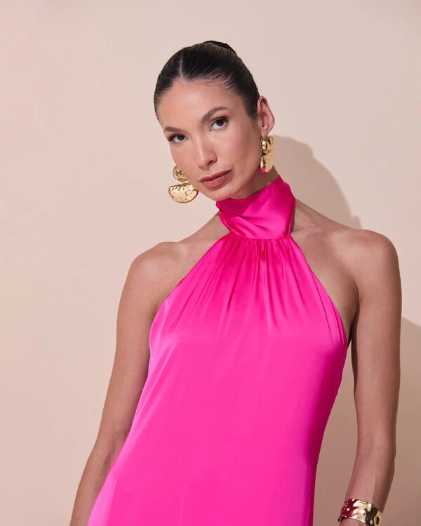 Vestido de Festa Gola Alta com Decote nas Costas Acetinado Pink