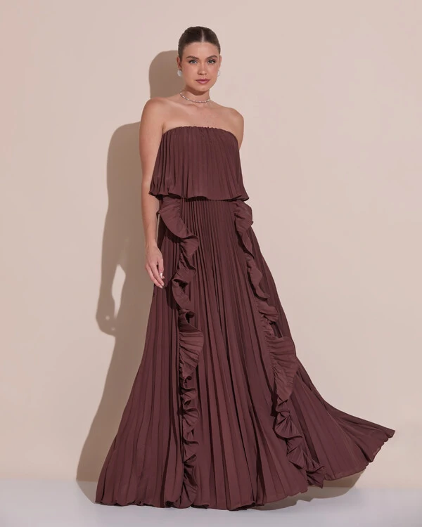 Vestido de Festa Longo Crepe Chiffon Tomara que Caia Plissado com Babado Cascata Marrom