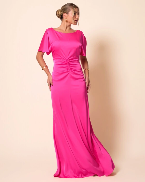 Vestido de Festa Longo Cetim Fluido Manga Curta Drapeado Pink New