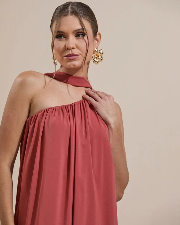 Vestido de Festa Longo Crepe Fluido um Ombro Só com Lenço Terracota