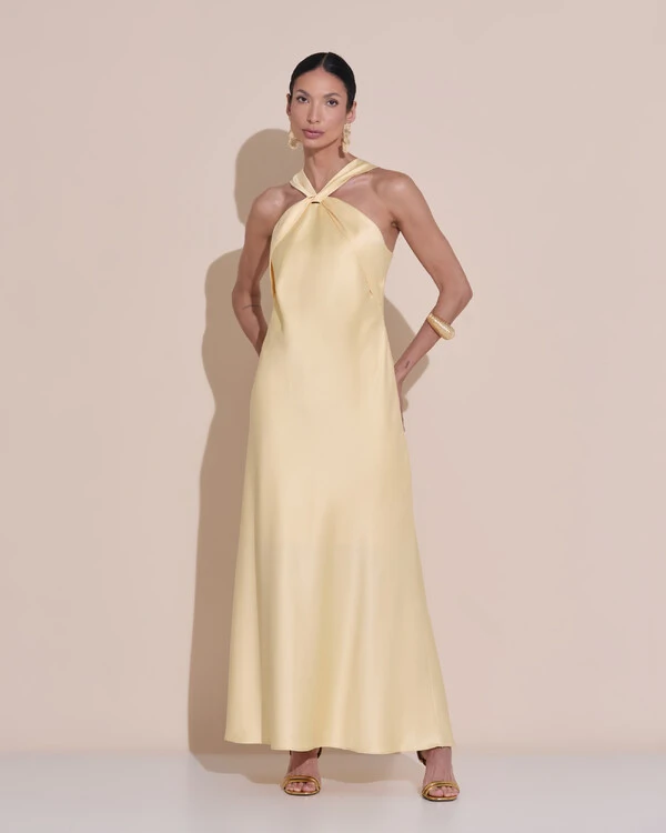 Vestido de Festa Midi Frente Única Cetim Amarelo Manteiga