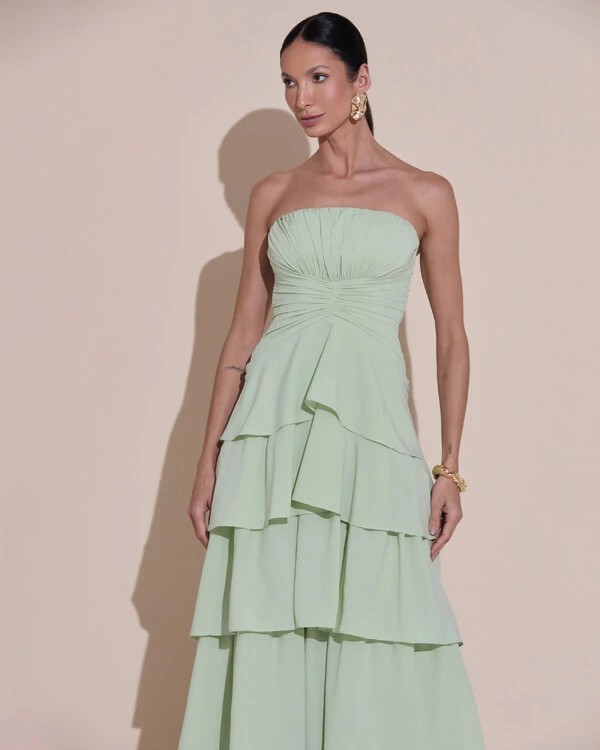 Vestido de Festa Longo Tomara que Caia Drapeado Crepe Chiffon Babados Camadas Verde Menta New