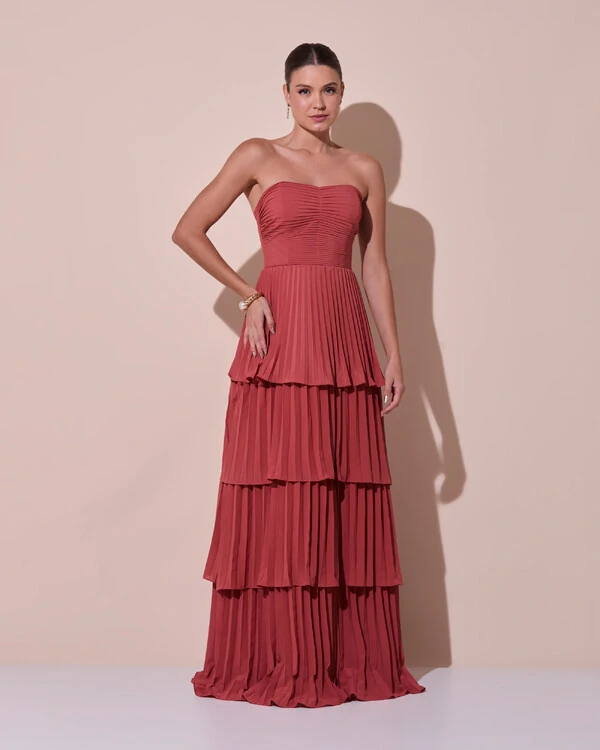 Vestido de Festa Longo Tomara que Caia Crepe Chiffon Plissado Camadas Terracota