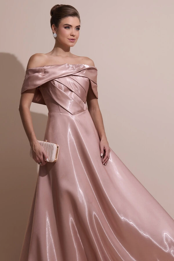 Vestido de Festa Longo Cetim Cristal Ombro a Ombro Drapeado Mocha Mousse