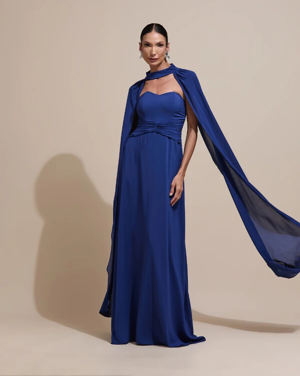 Vestido de Festa Longo Tomara Que Caia Crepe Chiffon Drapeado Capa Azul Marinho