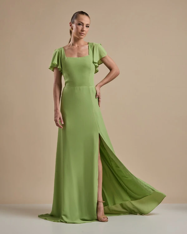 Vestido de Festa Longo Crepe Chiffon Manga Babado e Fenda Verde Garden