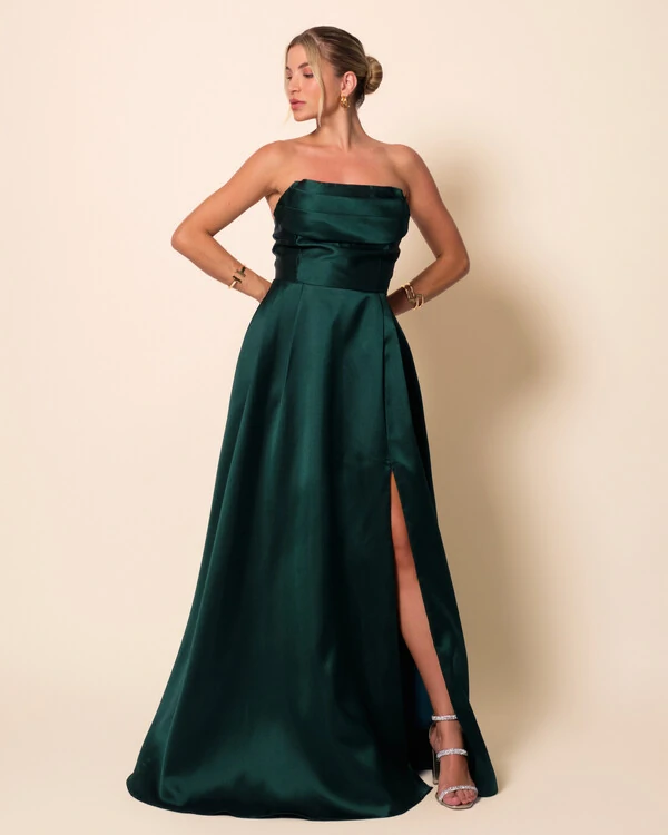 Vestido de Festa Longo Tomara que Caia Trançado Costa em Zibeline Verde Escuro