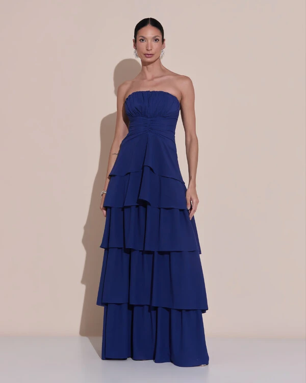 Vestido de Festa Longo Tomara que Caia Drapeado Crepe Chiffon Babados Camadas Azul Marinho