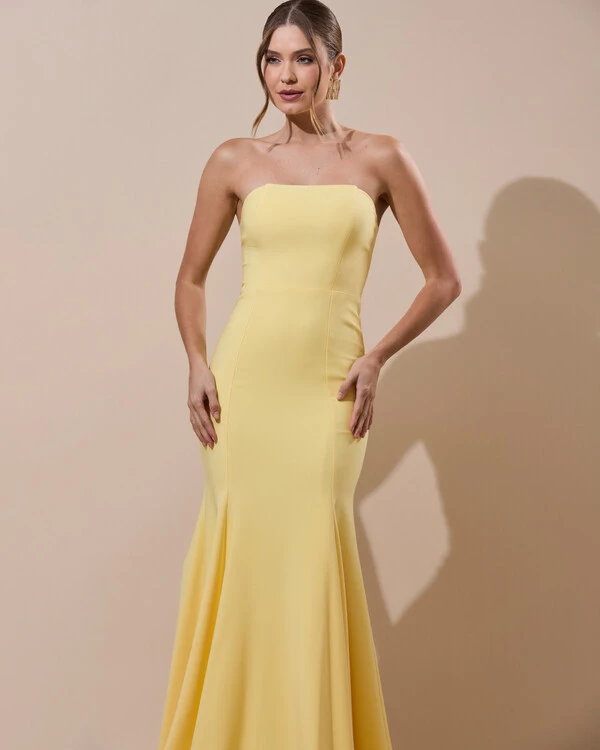 Vestido de Festa Longo Alfaiataria Tomara que Caia Saia Sereia Azul Amarelo Manteiga
