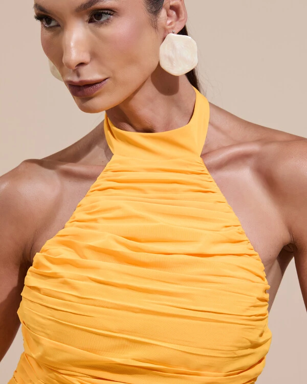 Vestido de Festa Longo Frente Única Crepe Chiffon Drapeado Babados Cascata Laranja Manga New