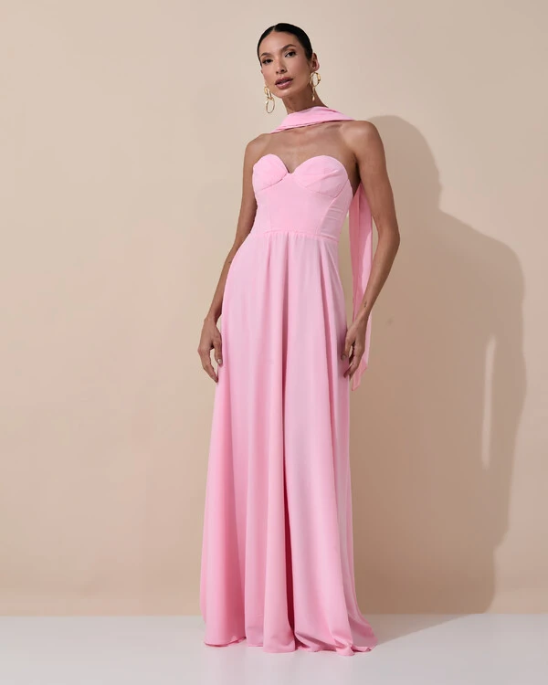 Vestido de Festa Longo Tomara que Caia Crepe Chiffon Decote Coração Lenço Rosa Claro