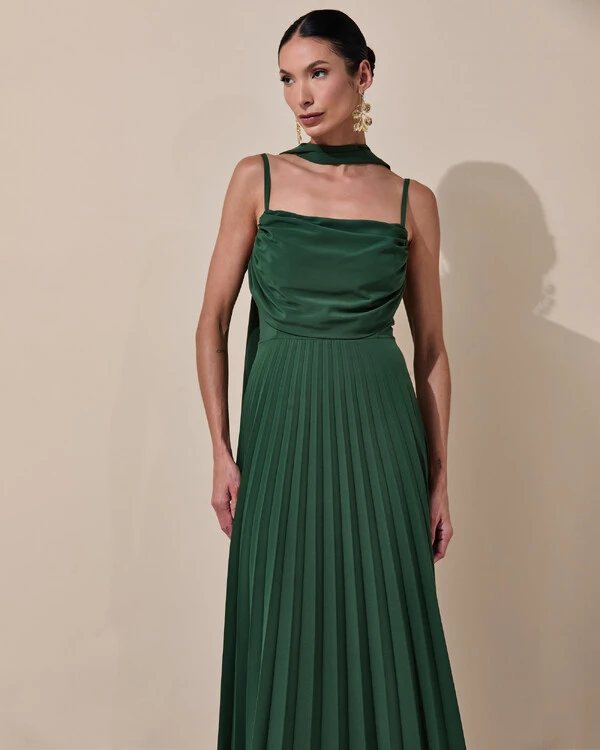 Vestido de Festa Longo Crepe Chiffon Plissado Trançado e Lenço Verde Escuro New