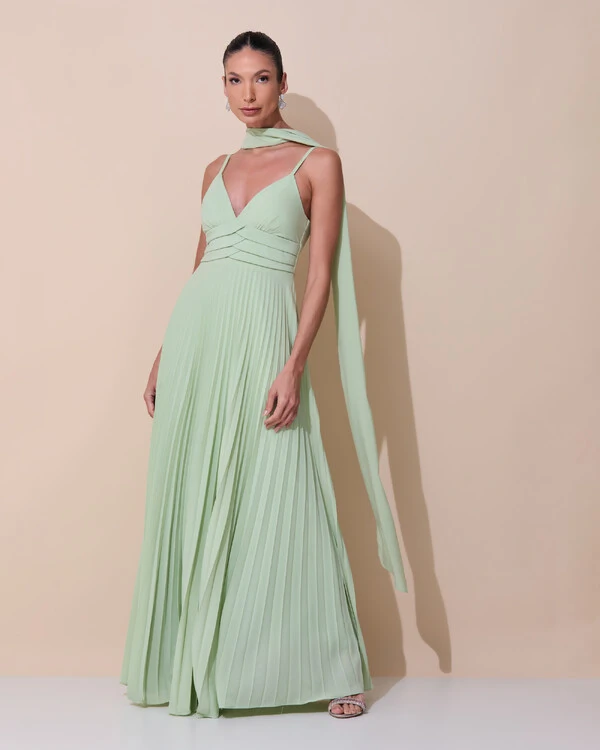 Vestido de Festa Longo Plissado Crepe Chiffon com Alça e Lenço Verde Menta New