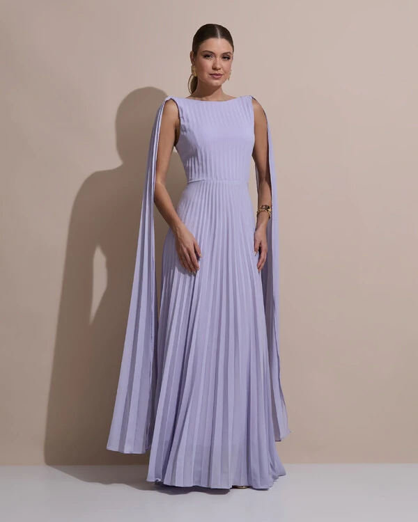 Vestido de Festa Longo Crepe Chiffon Plissado com Lenço nas Alças Lilás Claro