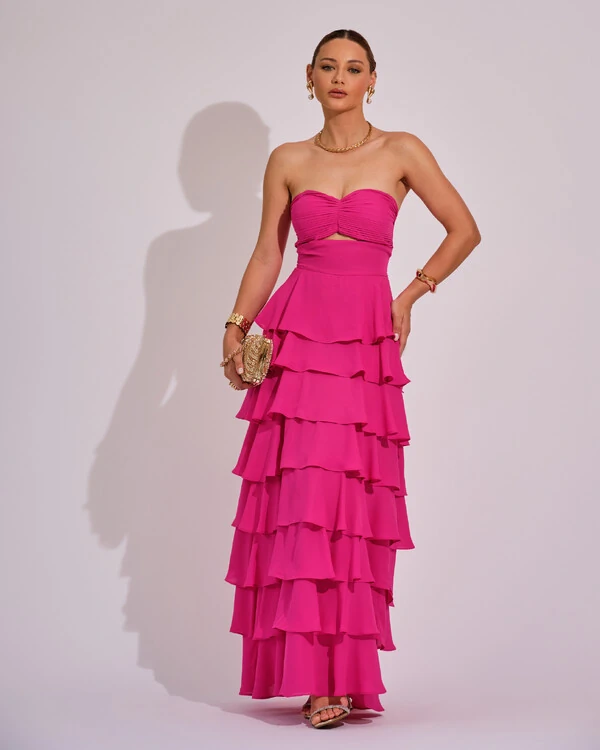 Vestido Longo Crepe Chiffon Tomara que Caia Plissado em Camadas Pink